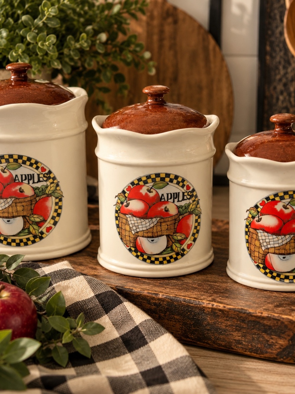 Ceramic Apple Canister with Brown Lid - White